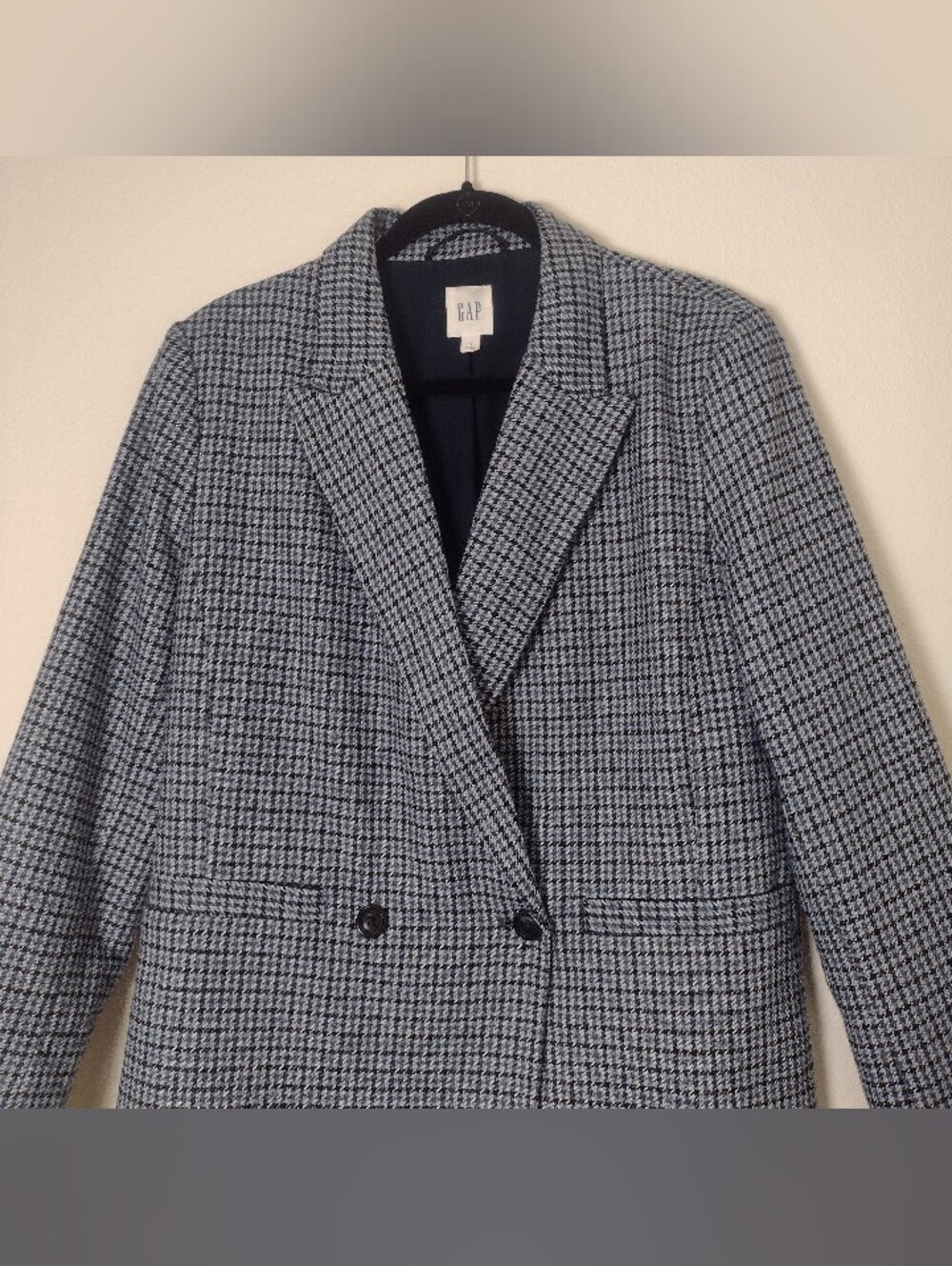 Gap Houndstooth Wool Blend Blazer Double Button Blue Size 12 - Picture 3 of 16